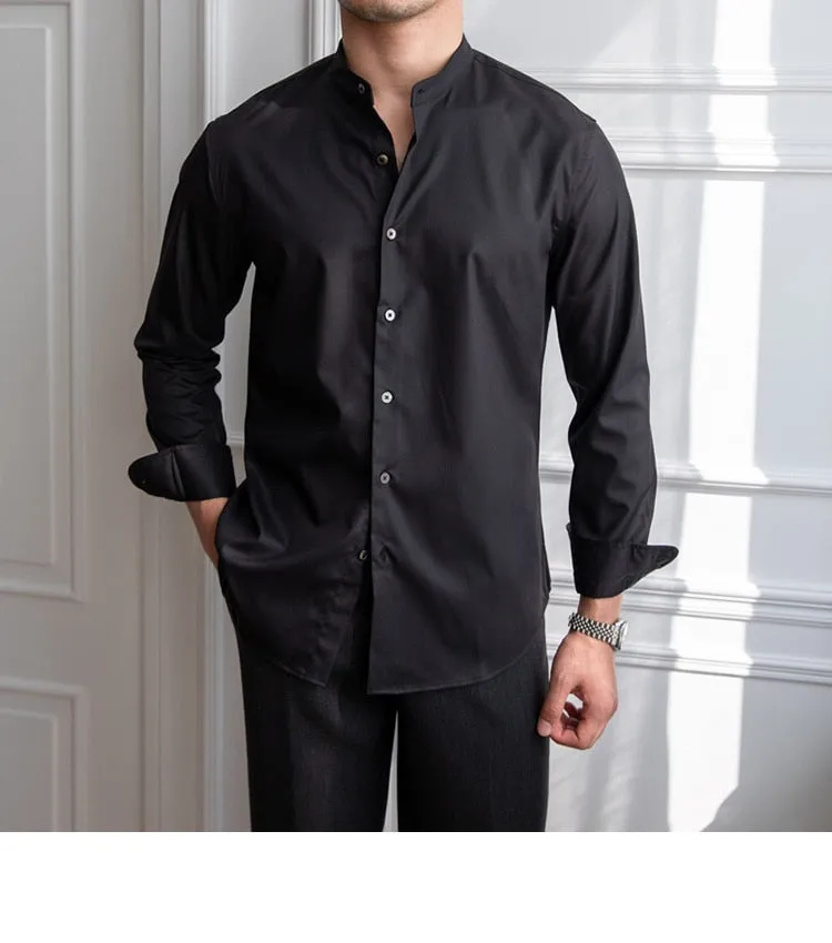 Men's Casual Polyester Solid Pattern Stand Collar Long Sleeve Shirt