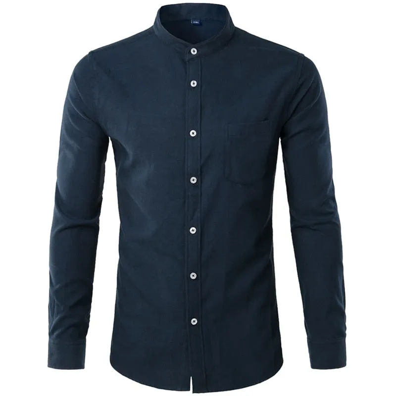 Men's Casual Solid Oxford Cotton Stand Collar Slim Fit Long Sleeve Shirt