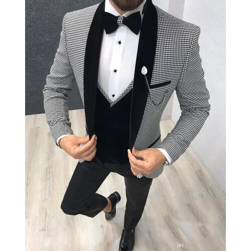 Men's Gray Black Slim Fit Tuxedos Blazer Vest Pants Three-Piece Suit