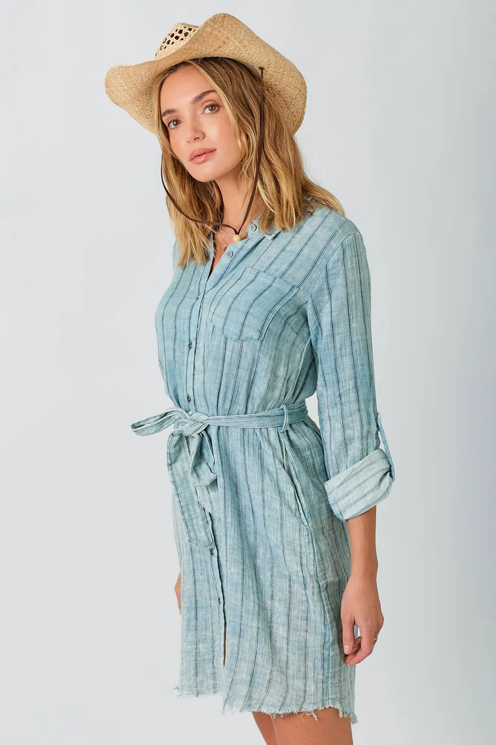 Mystree - 60633 Washed Stripe Shirt Dress: Washed Off White Stripe / Medium