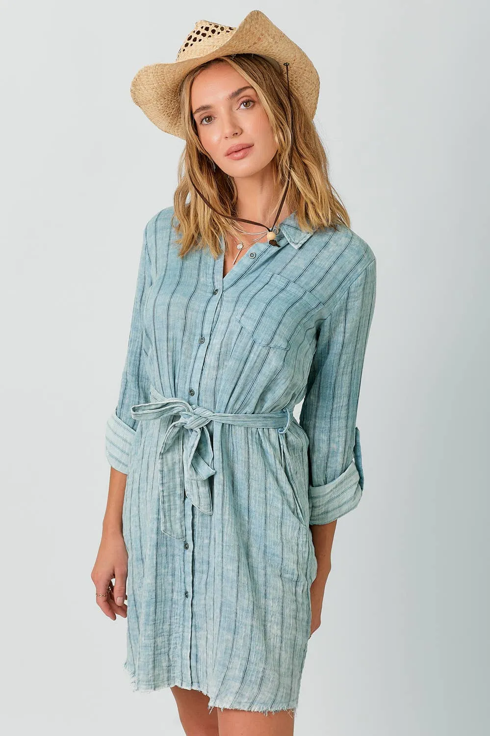 Mystree - 60633 Washed Stripe Shirt Dress: Washed Off White Stripe / Medium