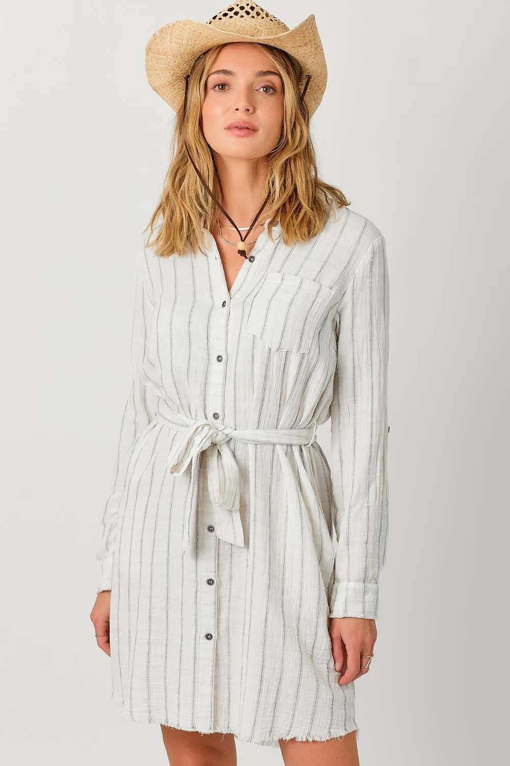 Mystree - 60633 Washed Stripe Shirt Dress: Washed Off White Stripe / Medium