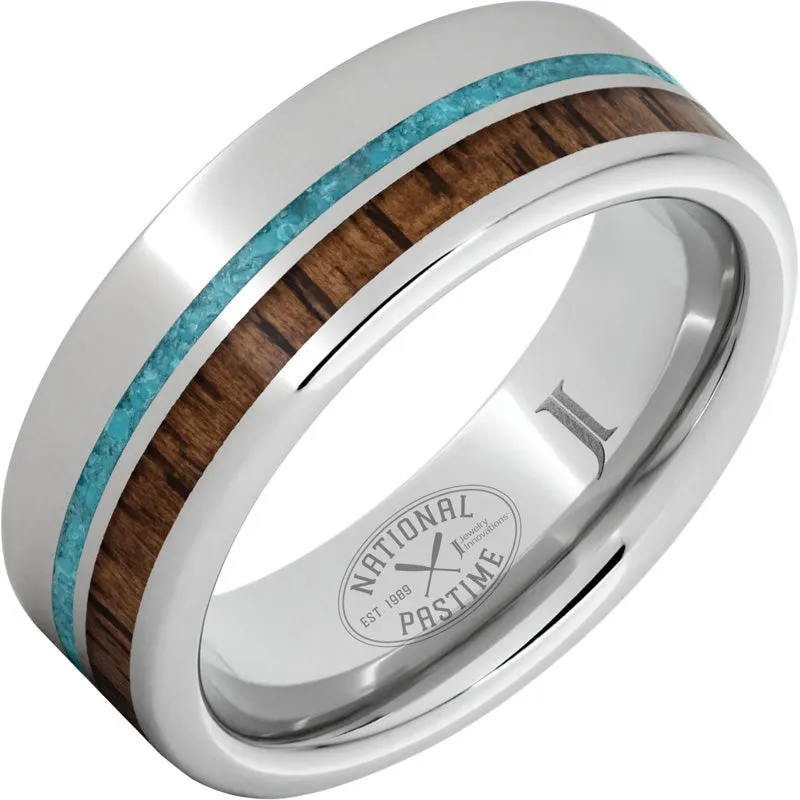 National Pastime Collection Serinium Ring with Hickory Vintage Baseball Bat Wood and Turquoise Inlays