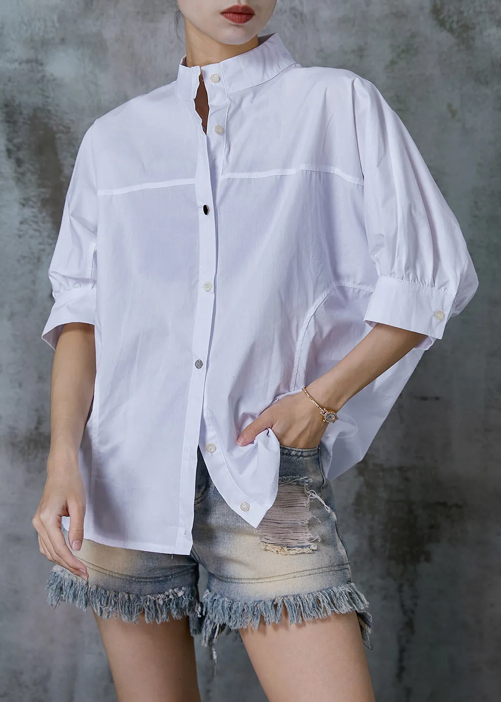 Natural White Stand Collar Puff Sleeve Cotton Shirt Top Summer