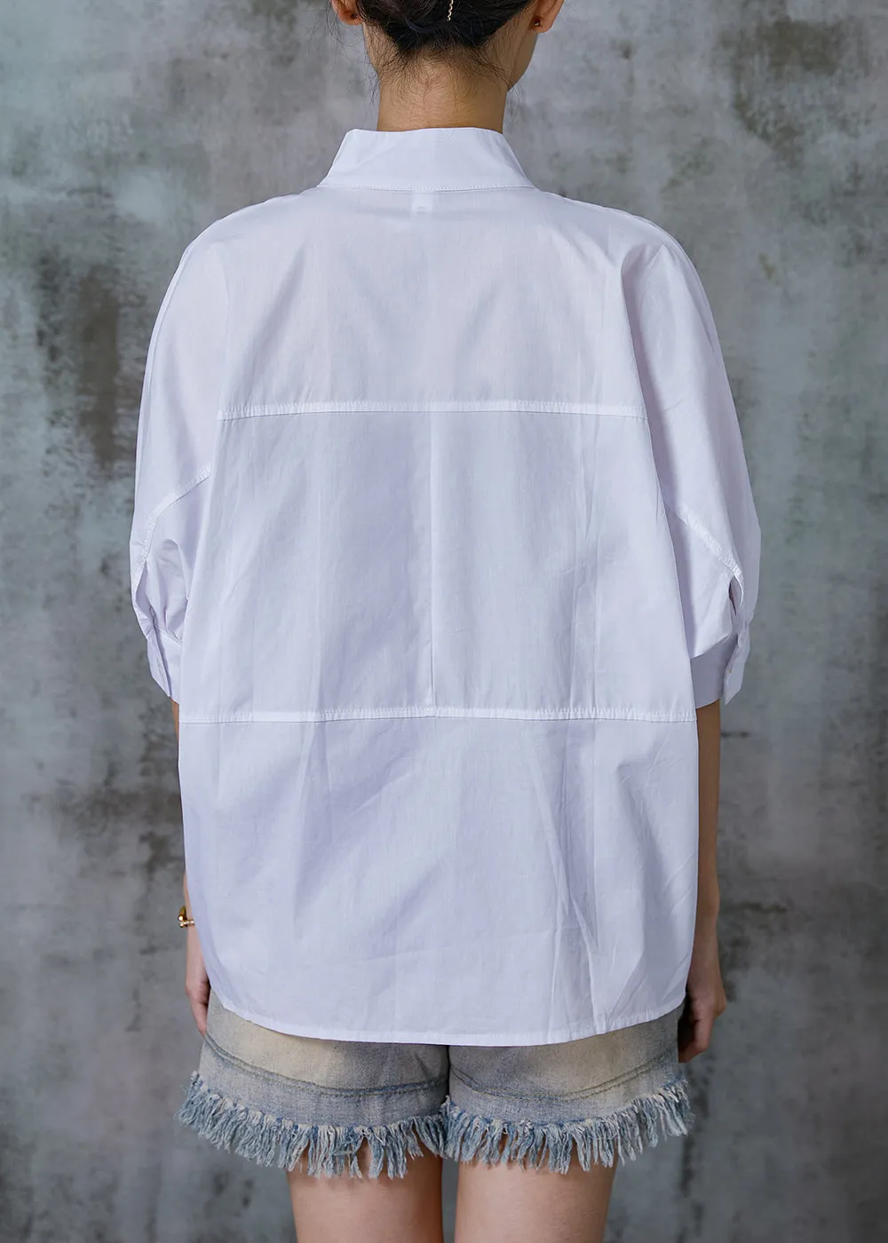 Natural White Stand Collar Puff Sleeve Cotton Shirt Top Summer