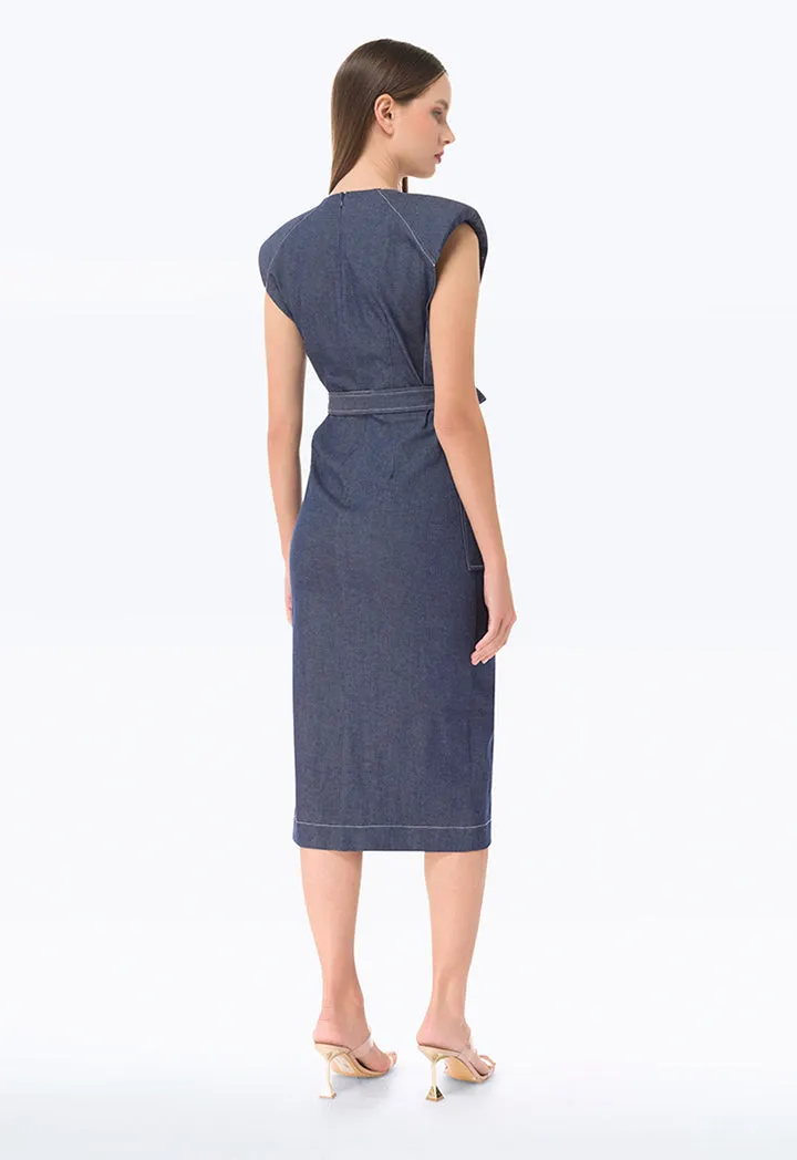 Padded Shoulder Denim Midi Dress