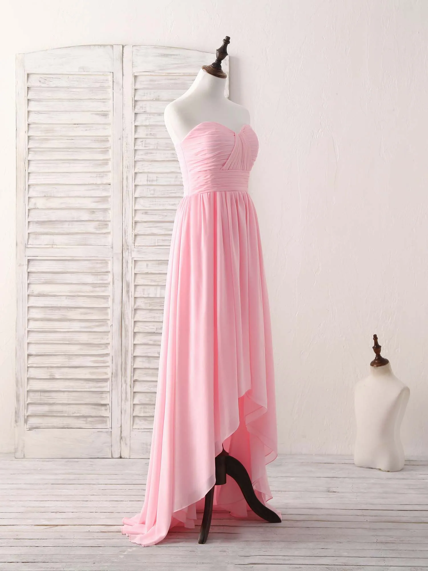 Pink Sweetheart Neck Chiffon High Low Prom Dress, Bridesmaid Dress