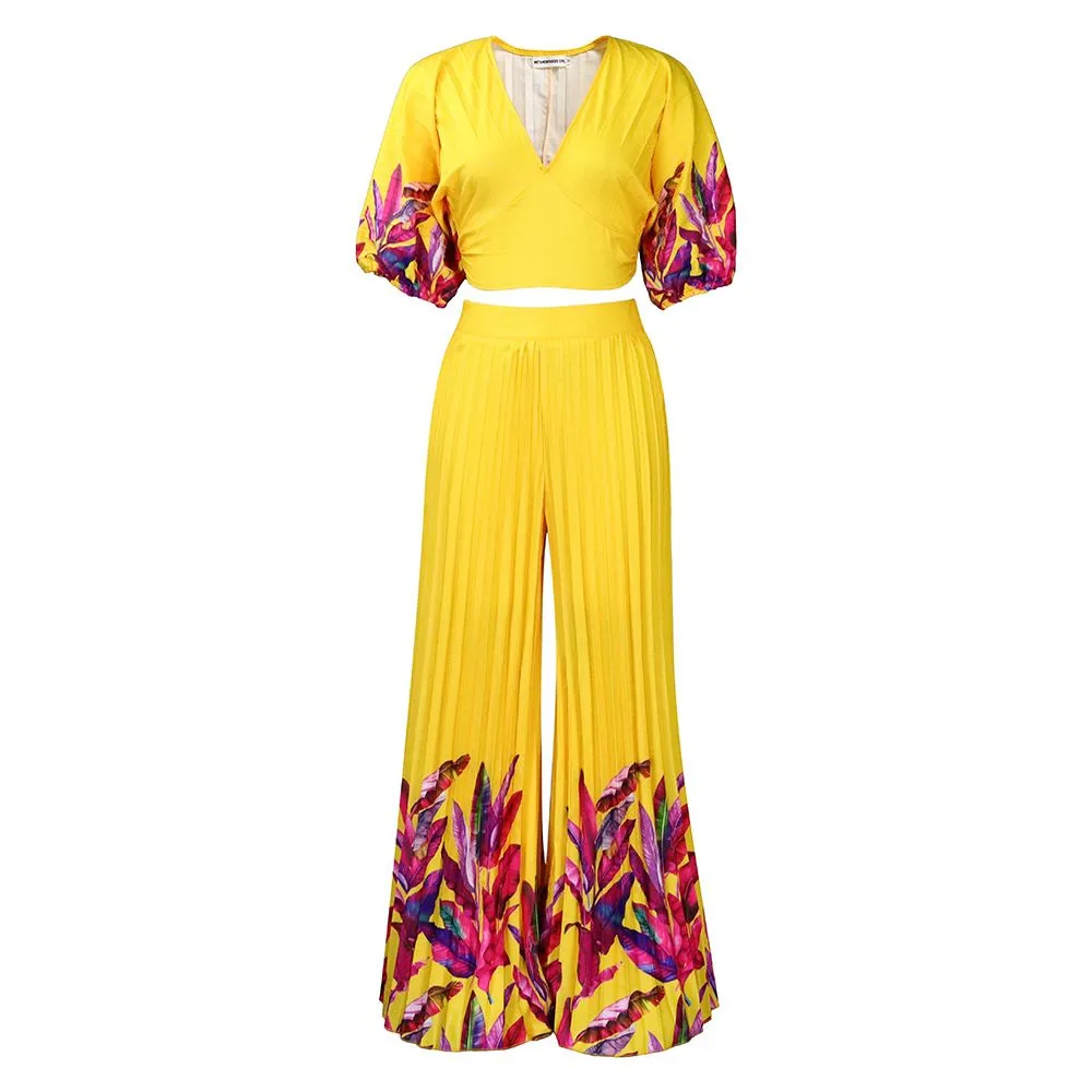 Plus-size women Summer V-neck Printed Top Wide-leg Pants Two-piece Suit M B-94143