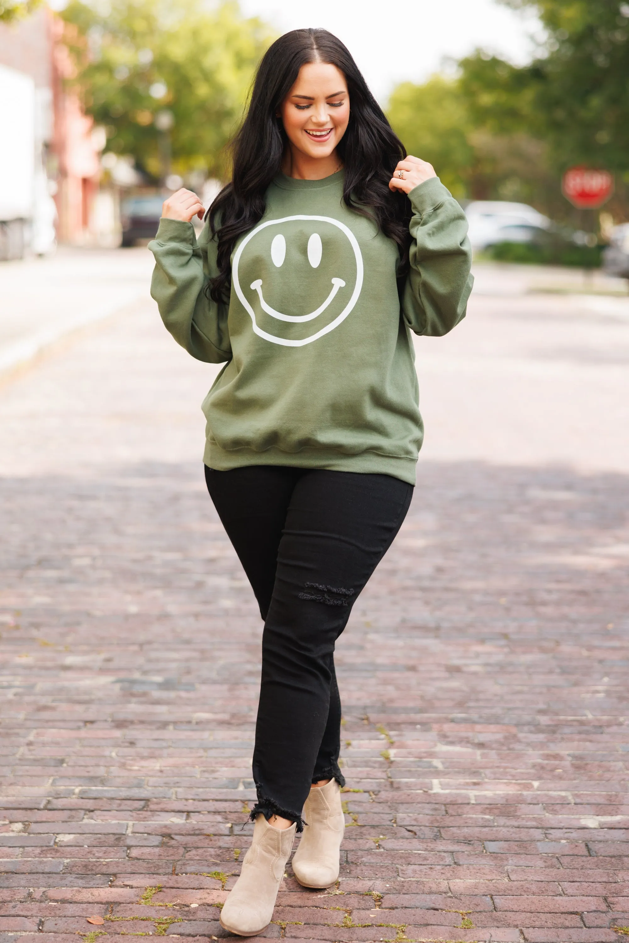 Remember To Smile Sweatshirt, Military Green