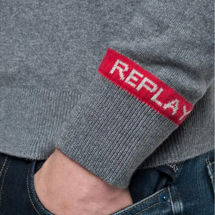 Replay UK3061 Crewneck Knitted Jumper, Grey/Red