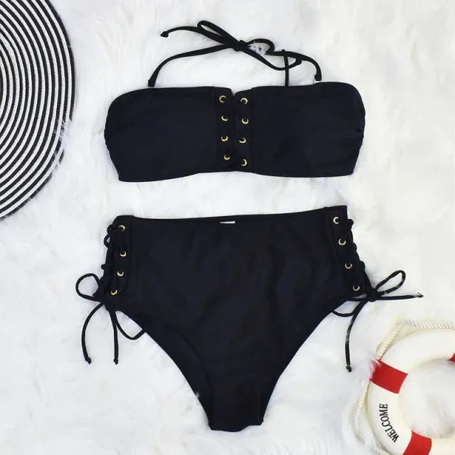 Sexy High Waist Padded Lace-up Style Bandage Bikini Swimsuit for Women