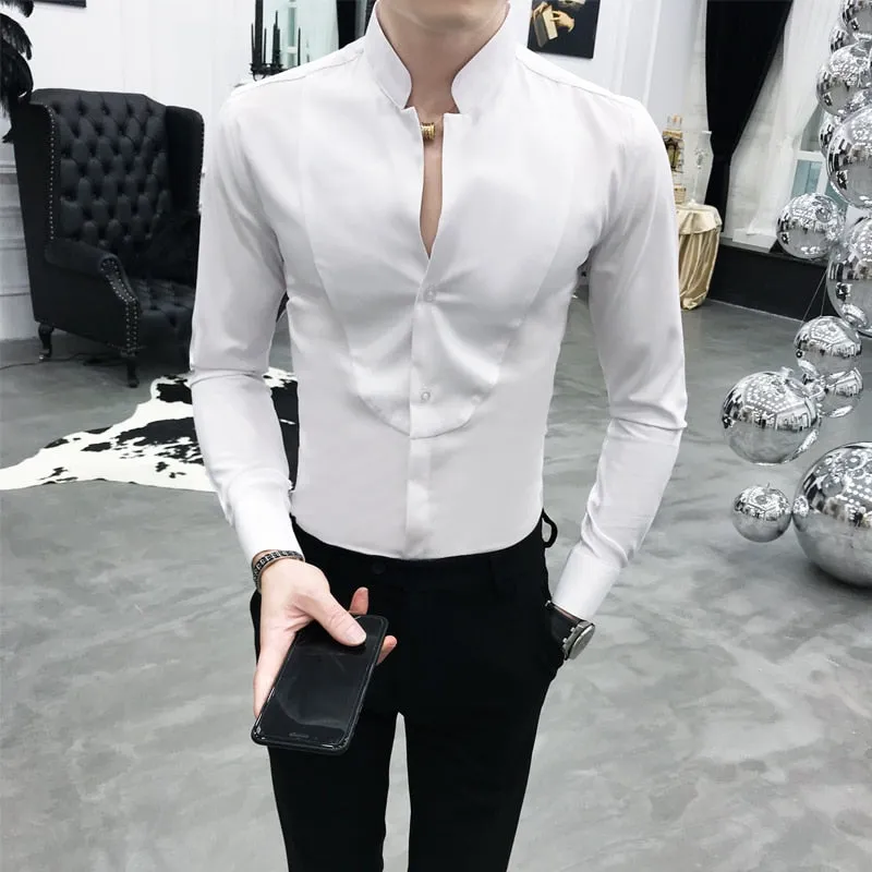 Sexy Solid Polyester Stand Collar Slim Fit Long Sleeve Shirt for Men