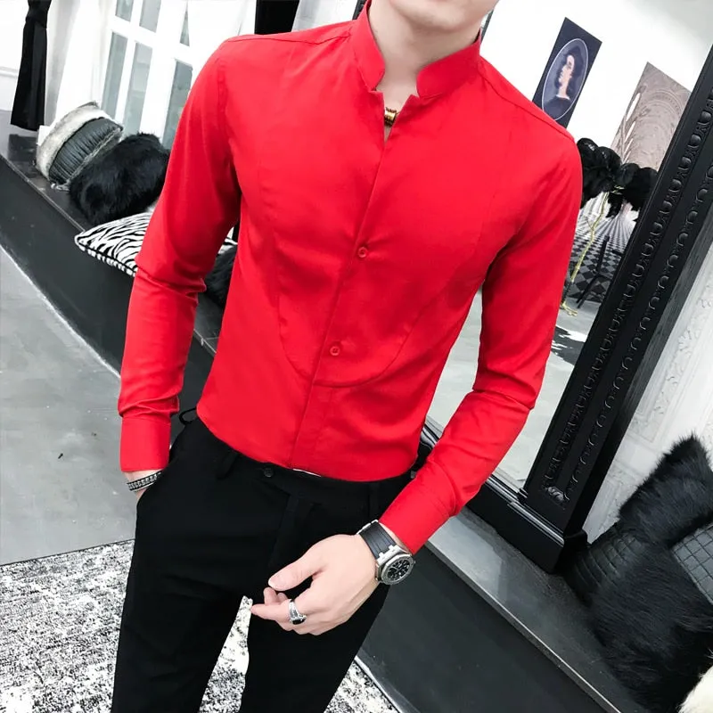 Sexy Solid Polyester Stand Collar Slim Fit Long Sleeve Shirt for Men