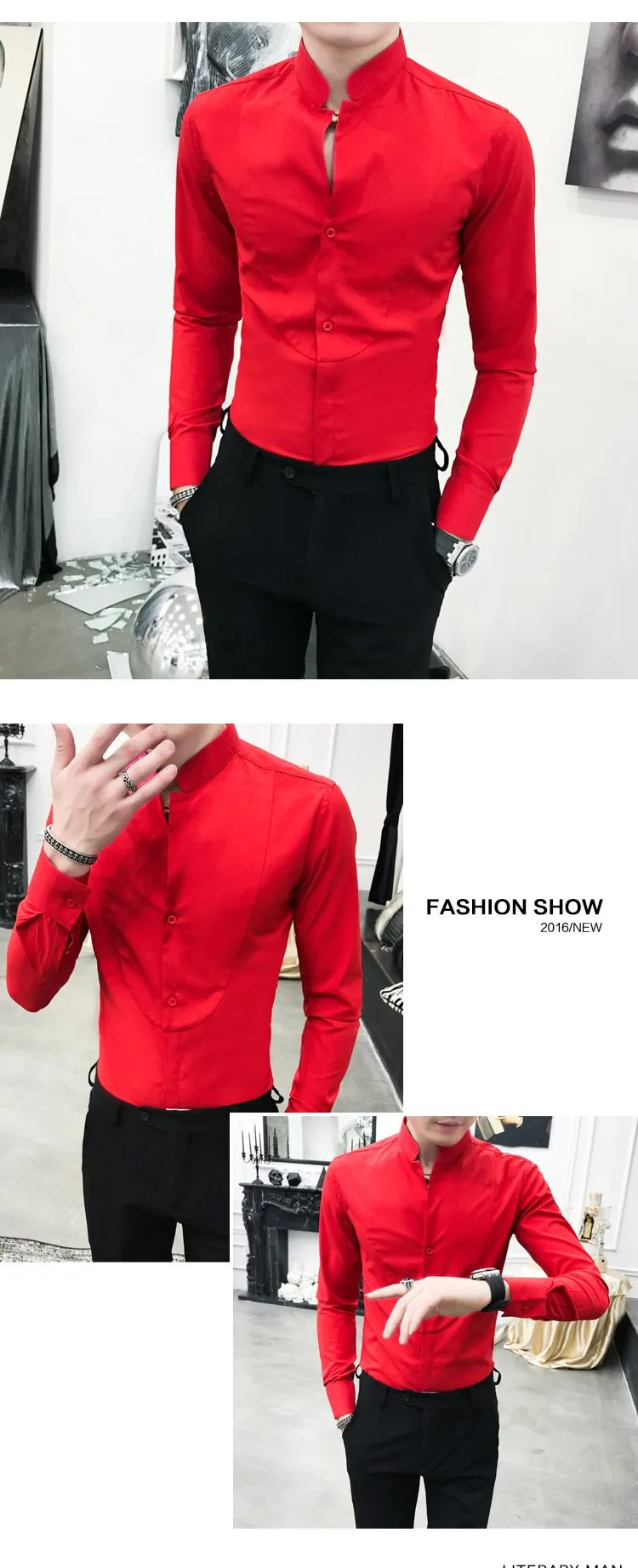 Sexy Solid Polyester Stand Collar Slim Fit Long Sleeve Shirt for Men