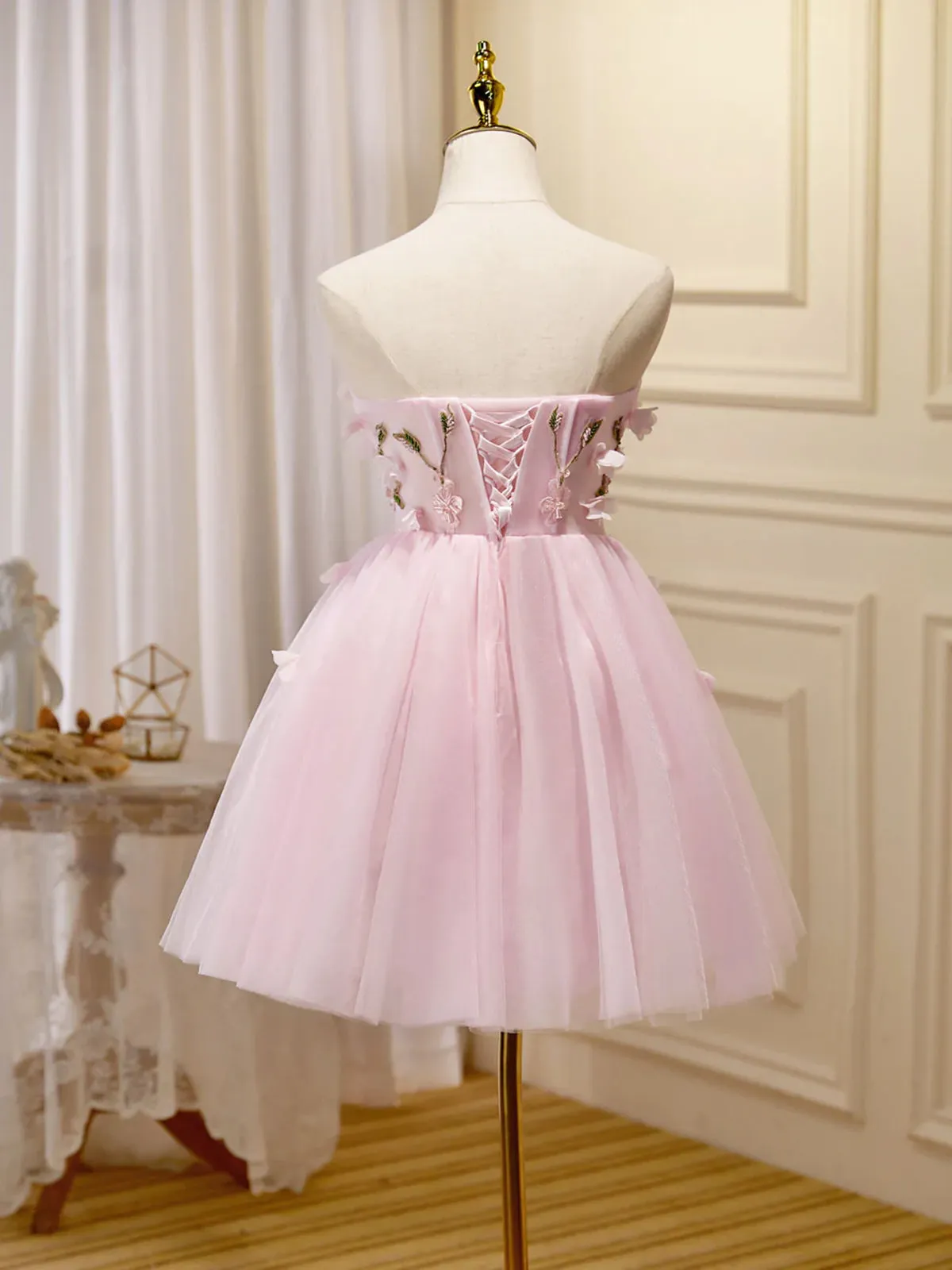 Short Pink Floral Prom Dresses, Short Pink Floral Formal Homecoming Dresses