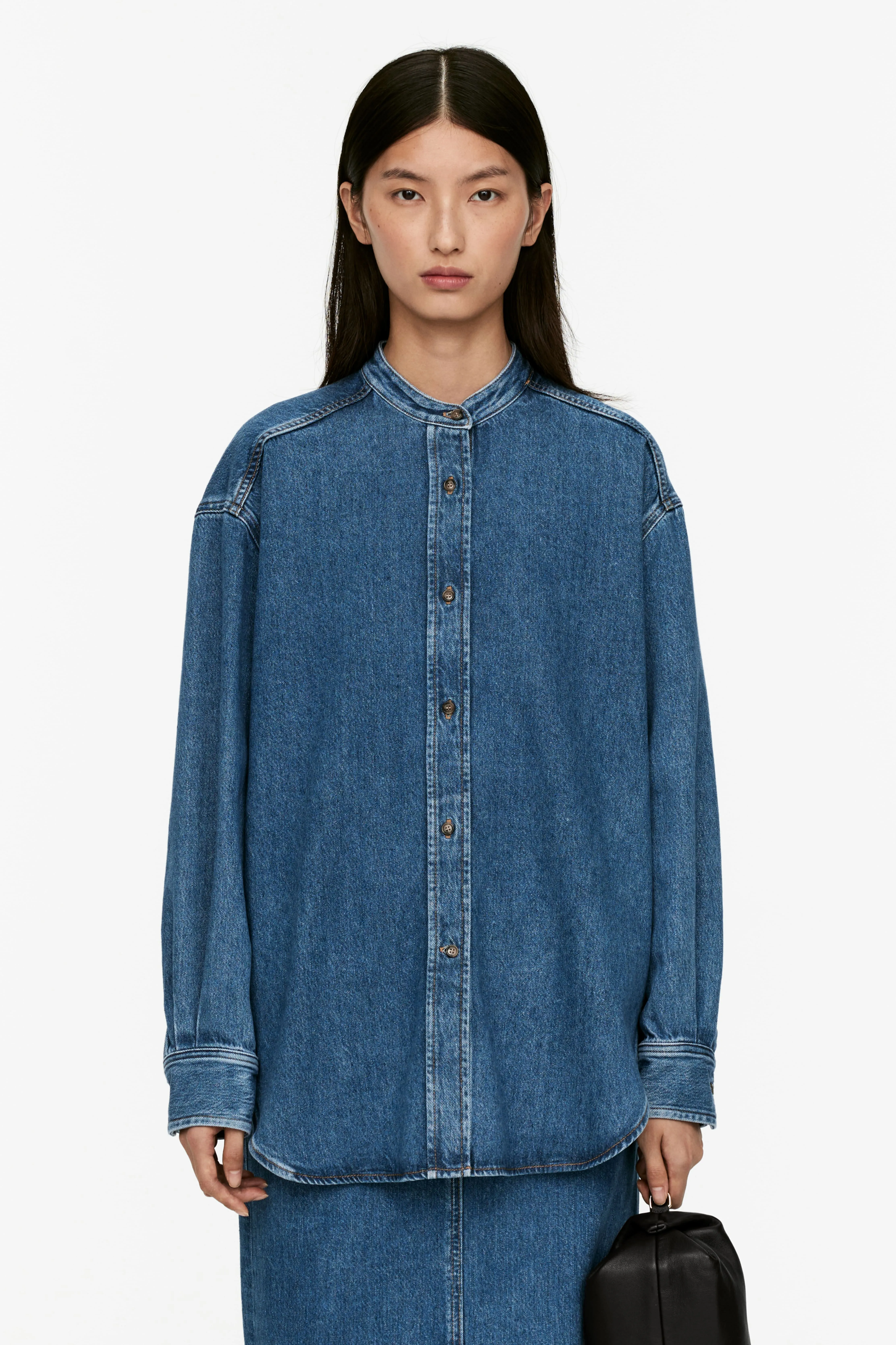 Stand-Collar Denim Shirt - Long sleeve - Regular length - Blue - Ladies | H&M GB