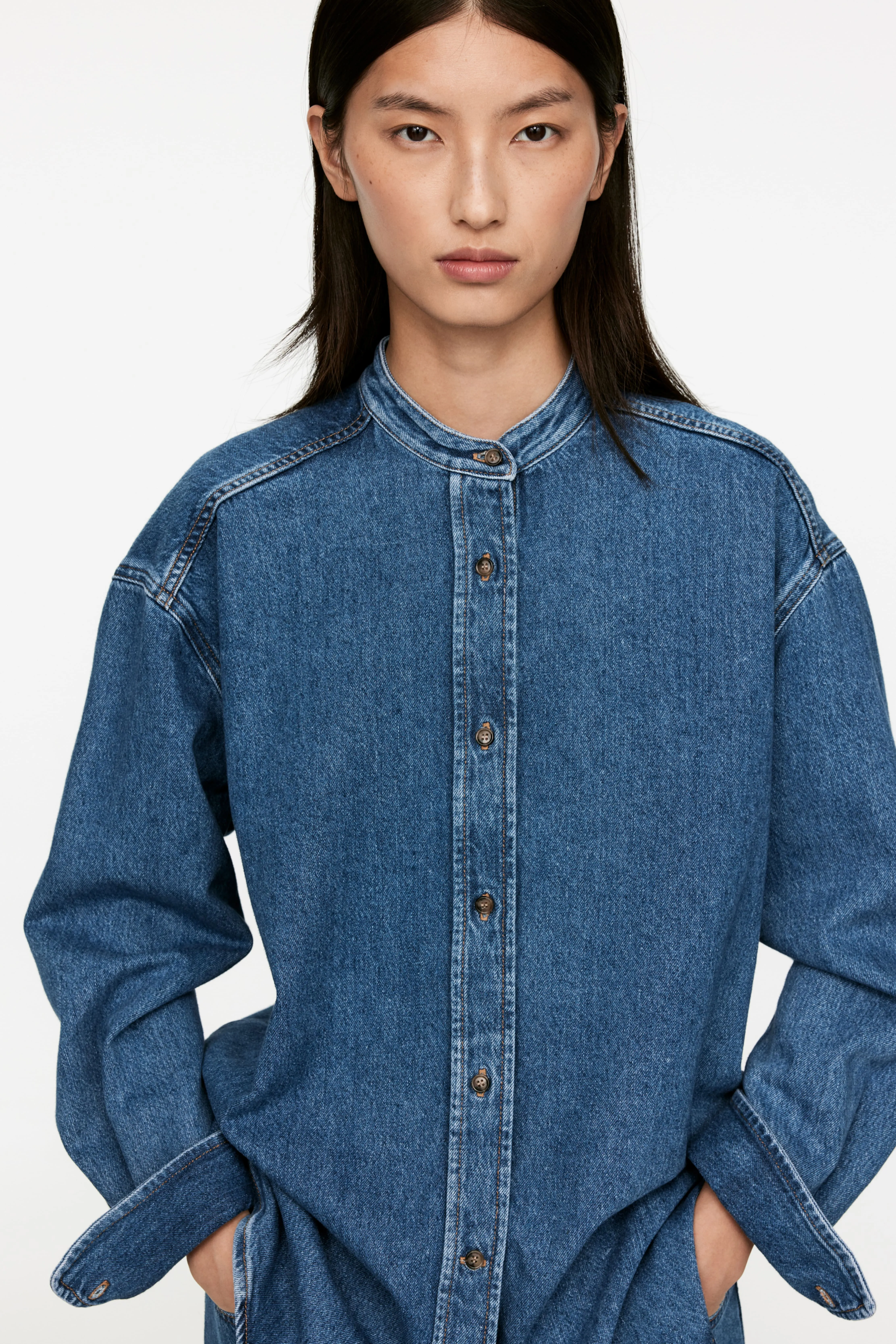 Stand-Collar Denim Shirt - Long sleeve - Regular length - Blue - Ladies | H&M GB