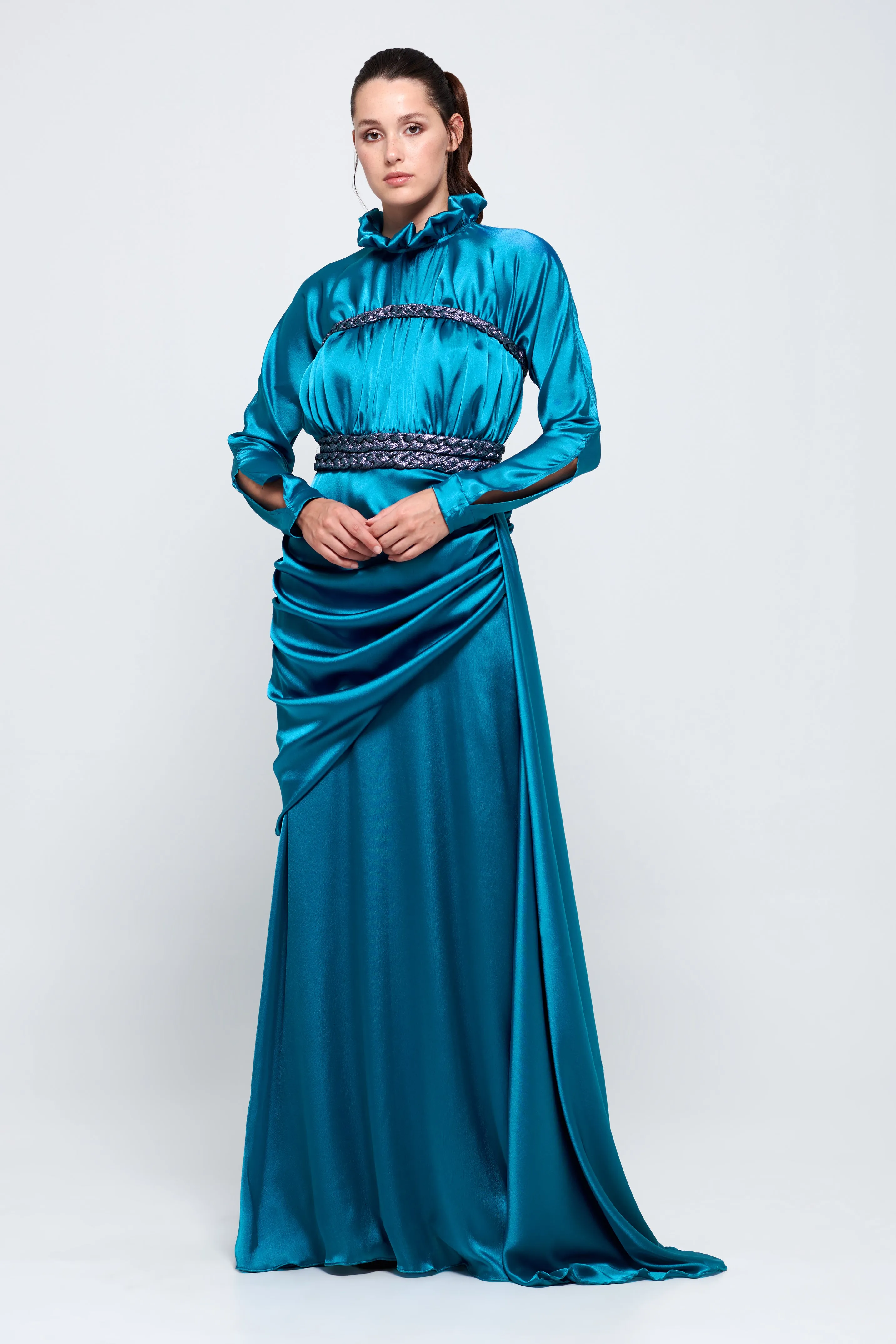 Stand Collar Draped Silk-Satin Gown