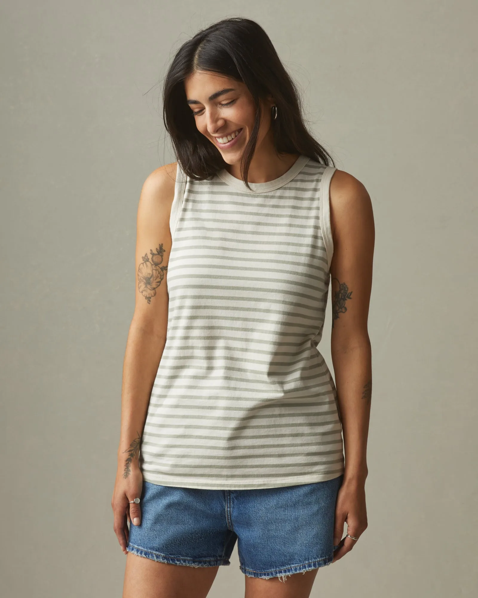 Striped Classic Cotton Muscle Tank - Turtledove / Eucalyptus