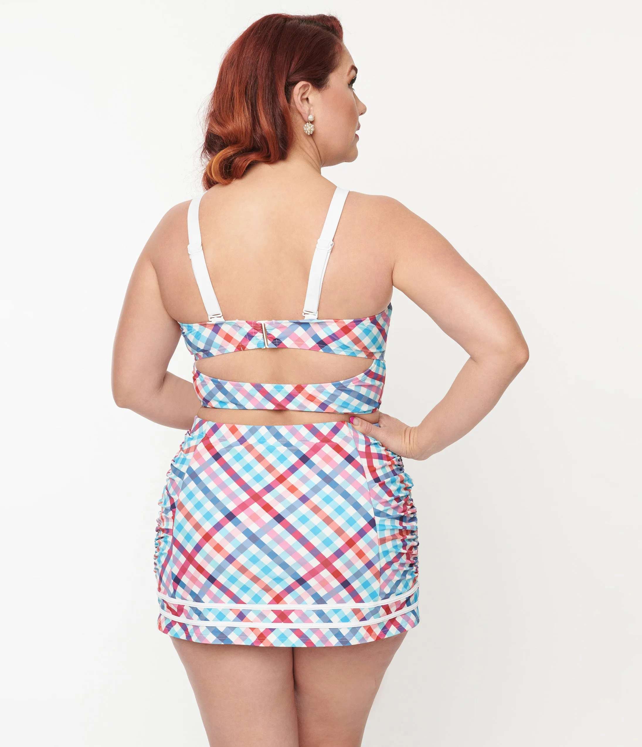 Unique Vintage Plus Size Pastel Madras Plaid Lace Up Swim Top