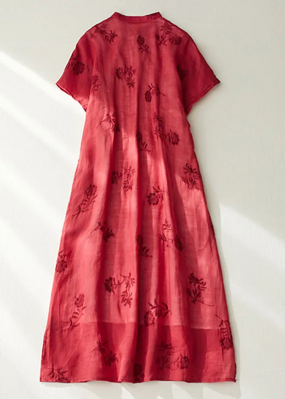 Vintage Red Stand Collar Side Open Layered Maxi Dress Short Sleeve