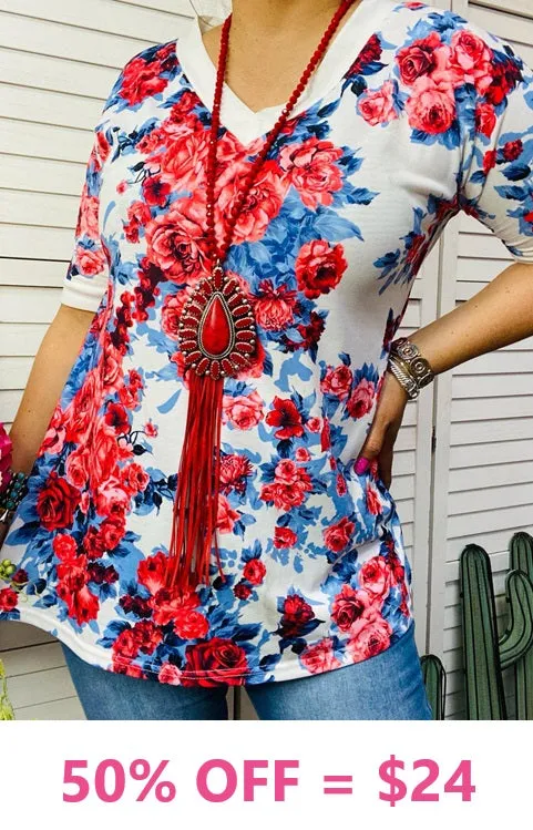 White V-Neck Top with Pink & Blue floral print