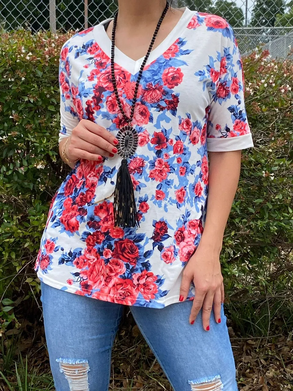 White V-Neck Top with Pink & Blue floral print