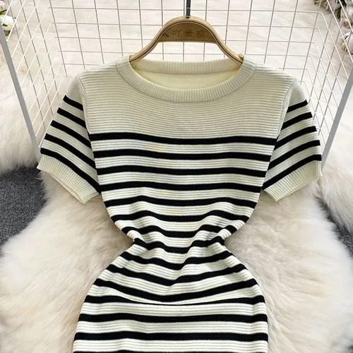 Women's Sheath Dress Casual Round Neck Short Sleeve Stripe Midi Dress Daily