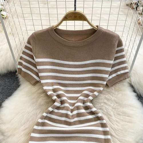 Women's Sheath Dress Casual Round Neck Short Sleeve Stripe Midi Dress Daily