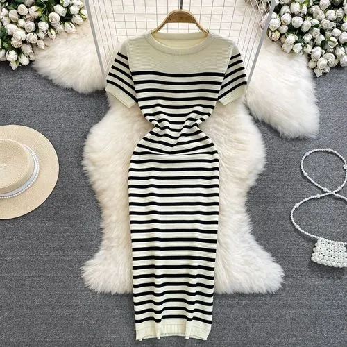 Women's Sheath Dress Casual Round Neck Short Sleeve Stripe Midi Dress Daily