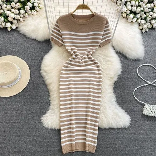 Women's Sheath Dress Casual Round Neck Short Sleeve Stripe Midi Dress Daily