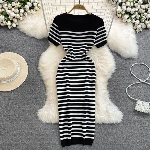 Women's Sheath Dress Casual Round Neck Short Sleeve Stripe Midi Dress Daily