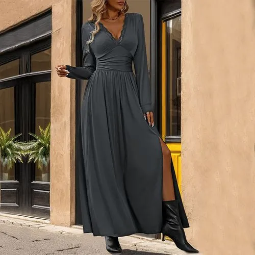 Women's Swing Dress Slit Dress Elegant Streetwear V Neck Lace Long Sleeve Solid Color Midi Dress Daily