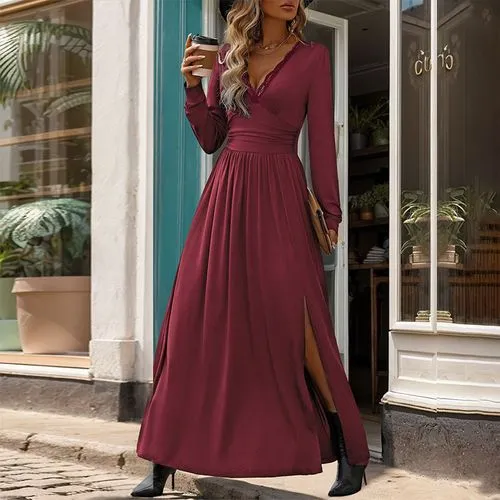 Women's Swing Dress Slit Dress Elegant Streetwear V Neck Lace Long Sleeve Solid Color Midi Dress Daily