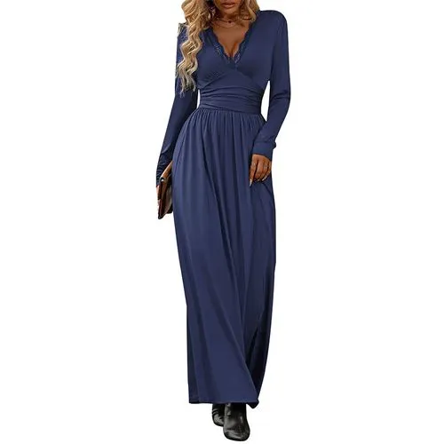 Women's Swing Dress Slit Dress Elegant Streetwear V Neck Lace Long Sleeve Solid Color Midi Dress Daily