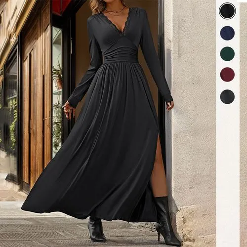 Women's Swing Dress Slit Dress Elegant Streetwear V Neck Lace Long Sleeve Solid Color Midi Dress Daily