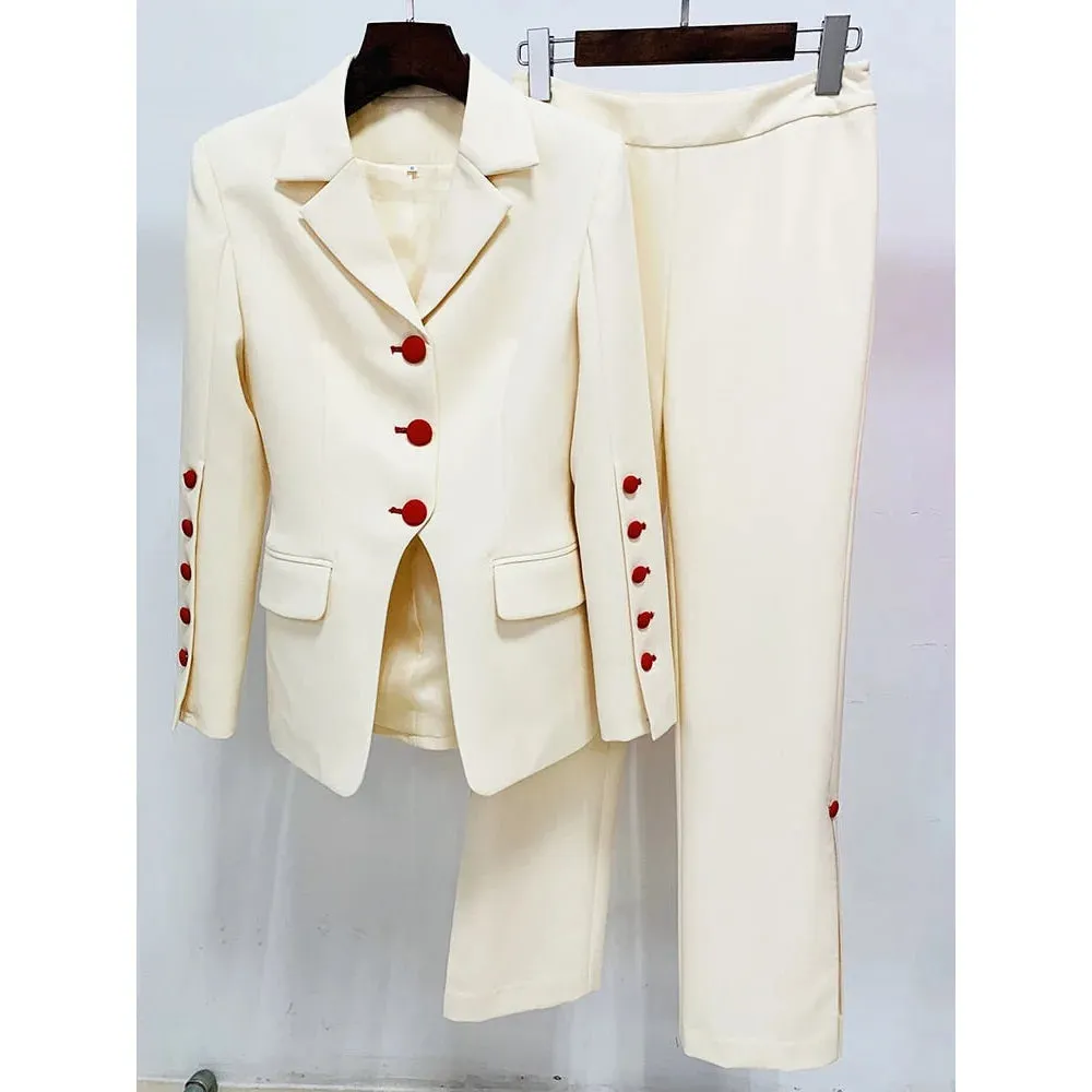 Women's Designer Slim Contrast Color Button Trim Blazer Pants Two Piece Suit Set