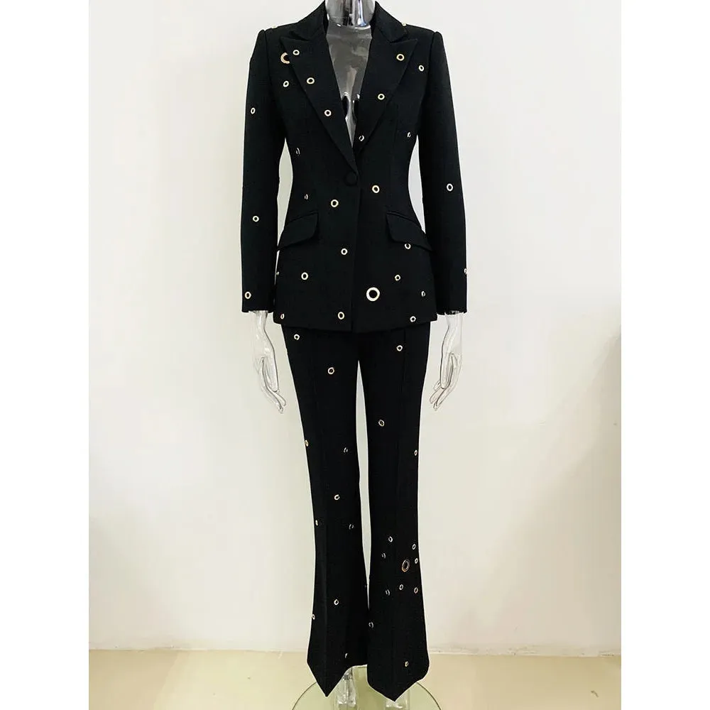 Women's Designer Slim Fit Single Button Rivet Eyelet Blazer Pants Two Piece Set