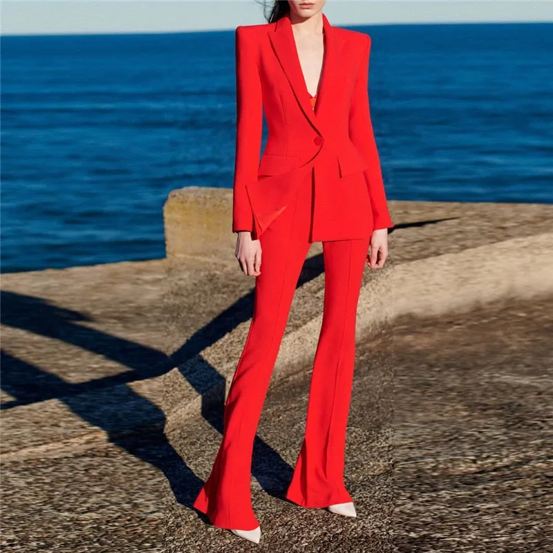 Women's Formal Designer Notched Collar Blazer Flare Pants Two Piece Suit Set