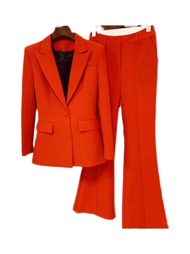 Women's Formal Designer Notched Collar Blazer Flare Pants Two Piece Suit Set