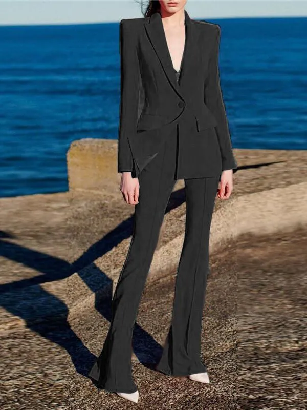 Women's Formal Designer Notched Collar Blazer Flare Pants Two Piece Suit Set