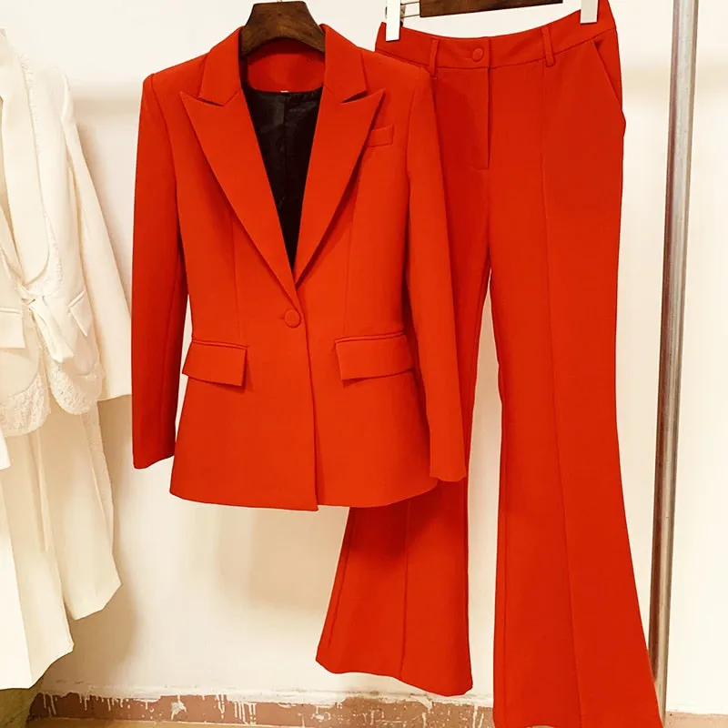 Women's Formal Designer Notched Collar Blazer Flare Pants Two Piece Suit Set