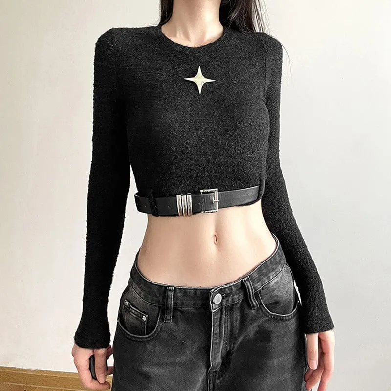 Women's Grunge Crew Neck Long Sleeved Crop Top with Belt