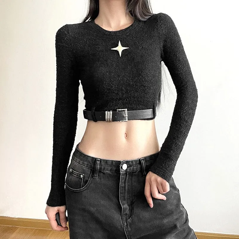 Women's Grunge Crew Neck Long Sleeved Crop Top with Belt