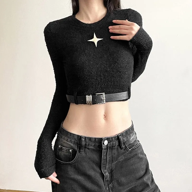 Women's Grunge Crew Neck Long Sleeved Crop Top with Belt