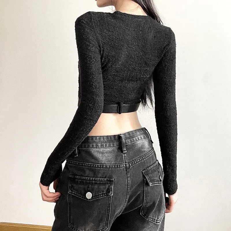 Women's Grunge Crew Neck Long Sleeved Crop Top with Belt