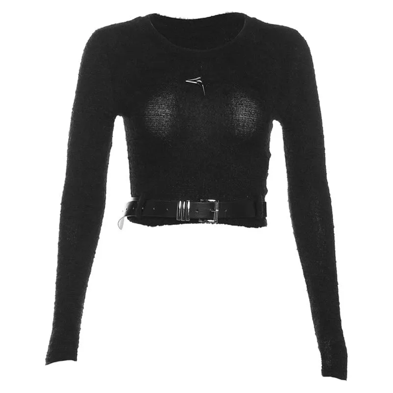 Women's Grunge Crew Neck Long Sleeved Crop Top with Belt