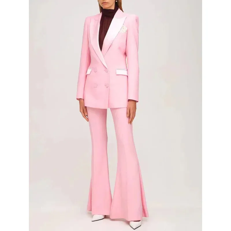 Women's Pink Runway Style Single Button Blazer Flare Pants Two Piece Suit Set