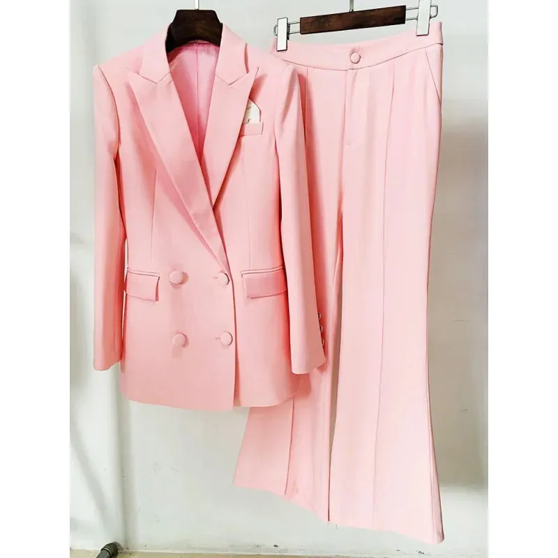 Women's Pink Runway Style Single Button Blazer Flare Pants Two Piece Suit Set