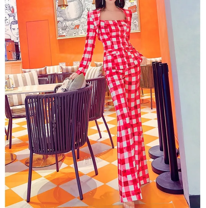 Women's Red Plaid Long Sleeves High Waist Office Lady Two Piece Suit